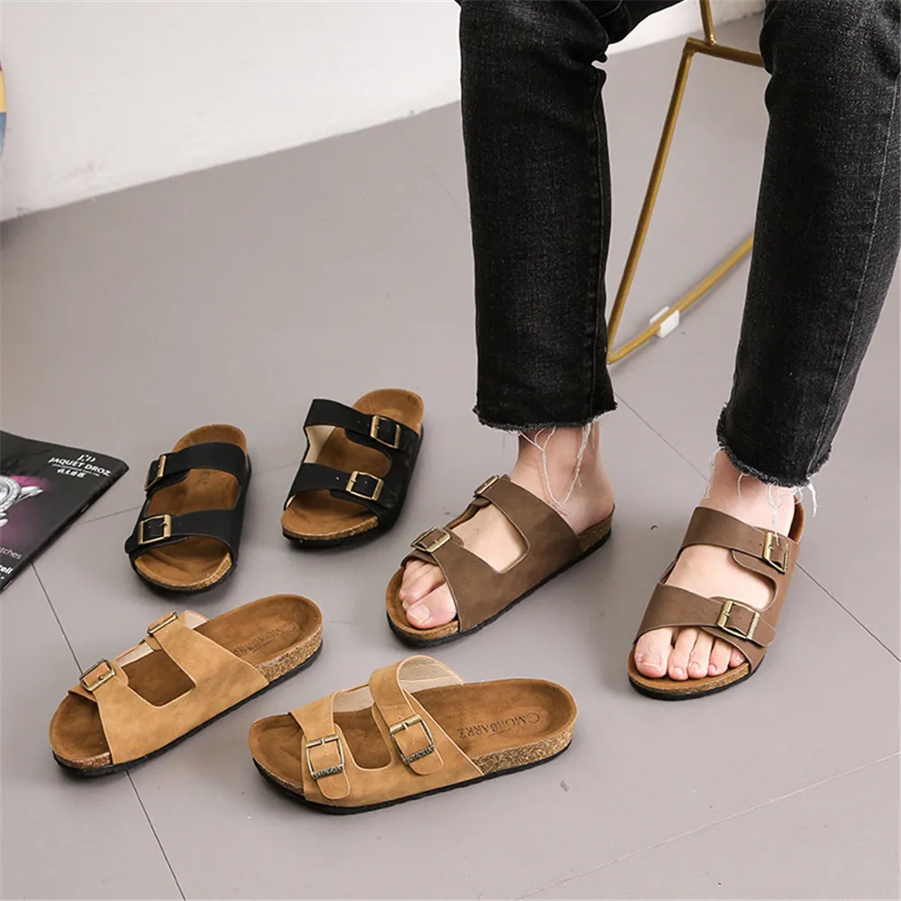 2024 New Summer Men\'s Cork Slippers Flats Flock Mule Clogs Sandals Soft Male Two Buckle Beach Slides Footwear For Men Shoe Black