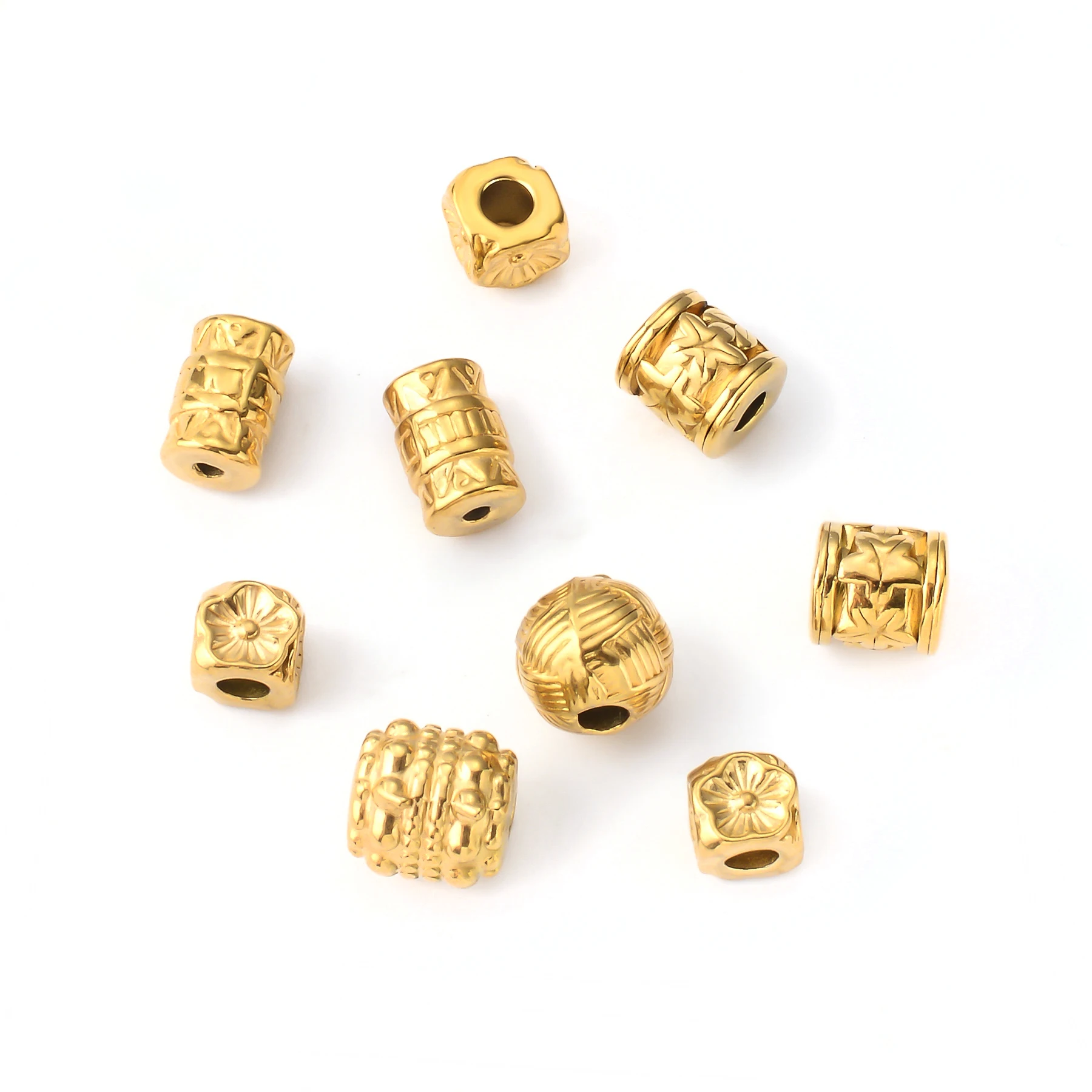 10 buah manik-manik bola bunga tabung silinder berlapis emas untuk buatan tangan membuat gelang kalung logam baja tahan karat Aksesori