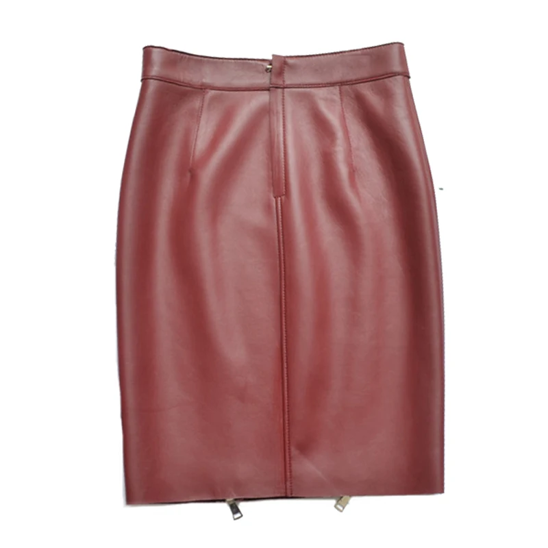 Jupe taille haute en cuir véritable pour femme, 2023 véritable, bordeaux, rond, personnalité, fermeture éclair, fendue, dames, sexy, va