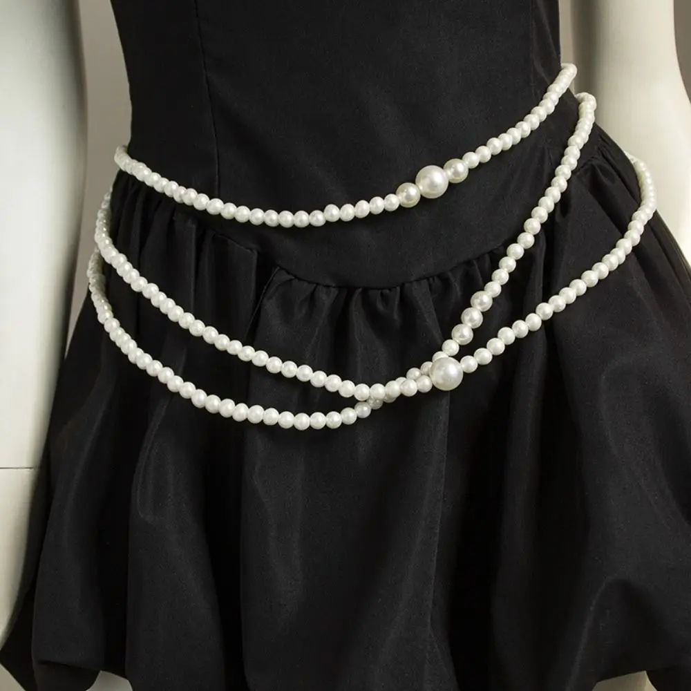 Multilayer Design Pearl Waist Chain Lengthened Style Imitation Pearl Body Chain Belt Metal Accessory Adjustable Chain