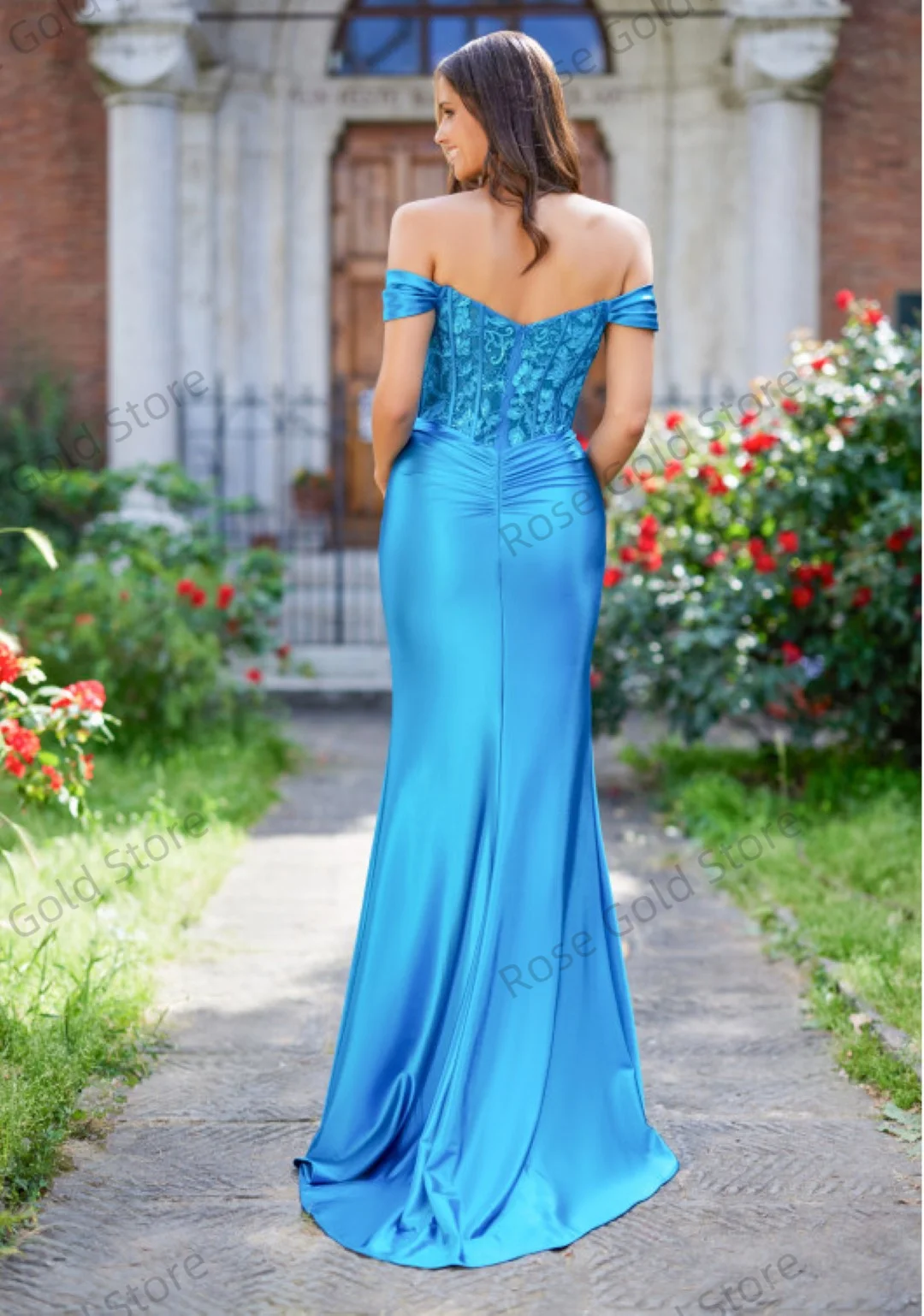 New Blue Prom Dresses Elegant Off Shoulder Evening Gowns Lace Appliques Sleeveless Customized  Split Party Vestidos de fiesta