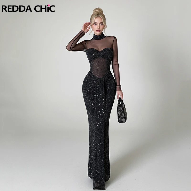 

REDDACHiC Sparkly Party Black Dress Stretch Mesh Hollow Out Flattering Bodycon Long Sleeve Shirred Maxi Dress Sexy Women Clothes