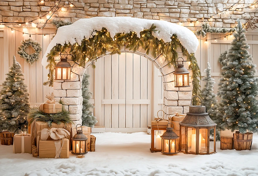 قوس عيد الميلاد مزين بالفوانيس وإكليل الهدايا خلفية التصوير الفوتوغرافي للأطفال كعكة سحق خلفيات التصوير الفوتوغرافي #2