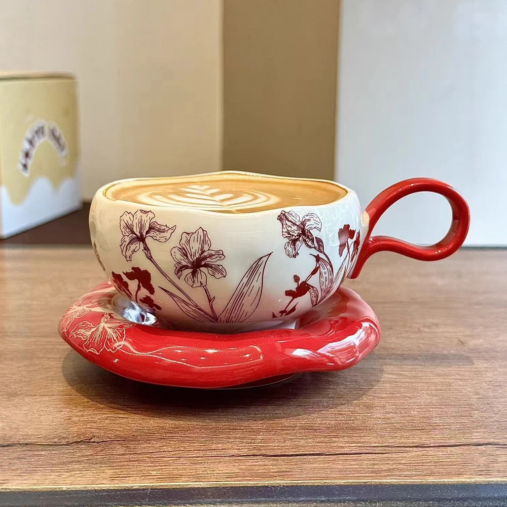 Floral Paint Ceramic Coffee Cup and Saucer Set High Aesthetic Afternoon Tea Cups Set Home Use Office Milk Mug Sets Tableware