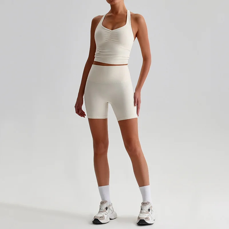 Solid Color Women Sports Suit High Waist Shorts Front folds Fitness Bra 2pcs Short Legging Yoga Set Gym Workout With Chest Pad