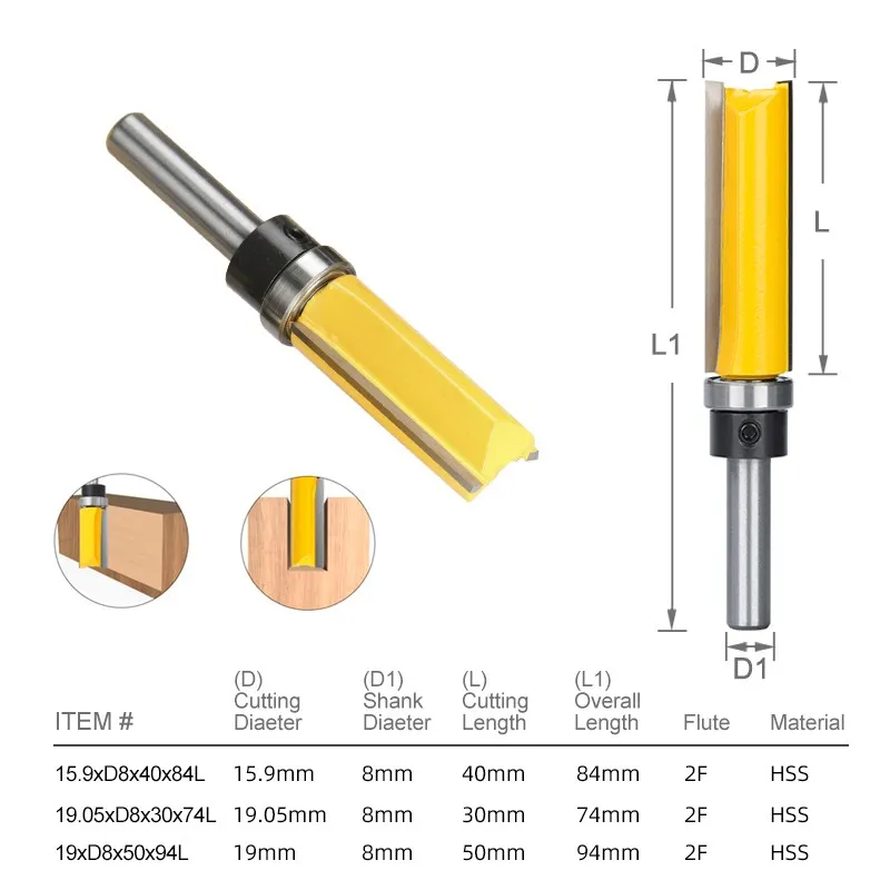 XCAN Milling Cutter 8mm Shank Flush Trim Router Bit Pattern Bit Top Bottom Bearing 5/8\