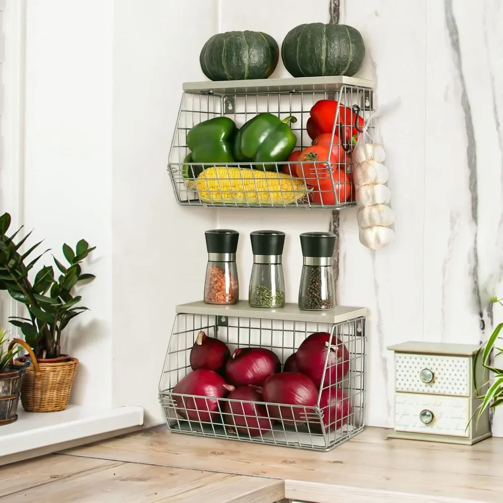 

2pcs silver fruit basket, stackable wall mounted pantry organizers and storage basket with wood lid top - kitchen hanging wire b