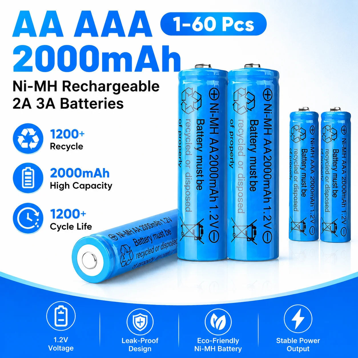AA AAA 2000mAh 1.2V 1-60 Pcs Battery Rechargeable 2A 3A Batteries with Quick Charger for Toys Mouse Keyboard Flashlights