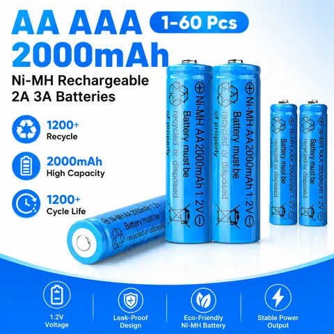 AA AAA 2000mAh 1.2V 1-60 Pcs Battery Rechargeable 2A 3A Batteries with Quick Charger for Toys Mouse Keyboard Flashlights