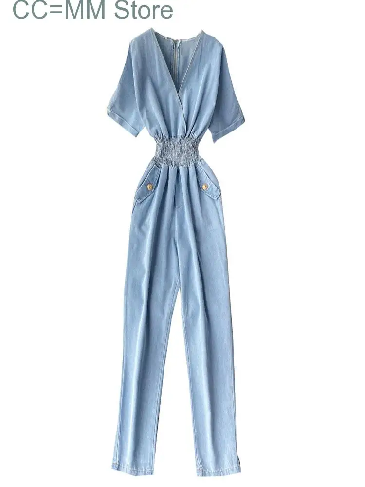 New Sweet Style Women Jumpsuits Denim V-neck Short Sleeve Solid Color High Waist Casual Jumpsuit Spring Summer
