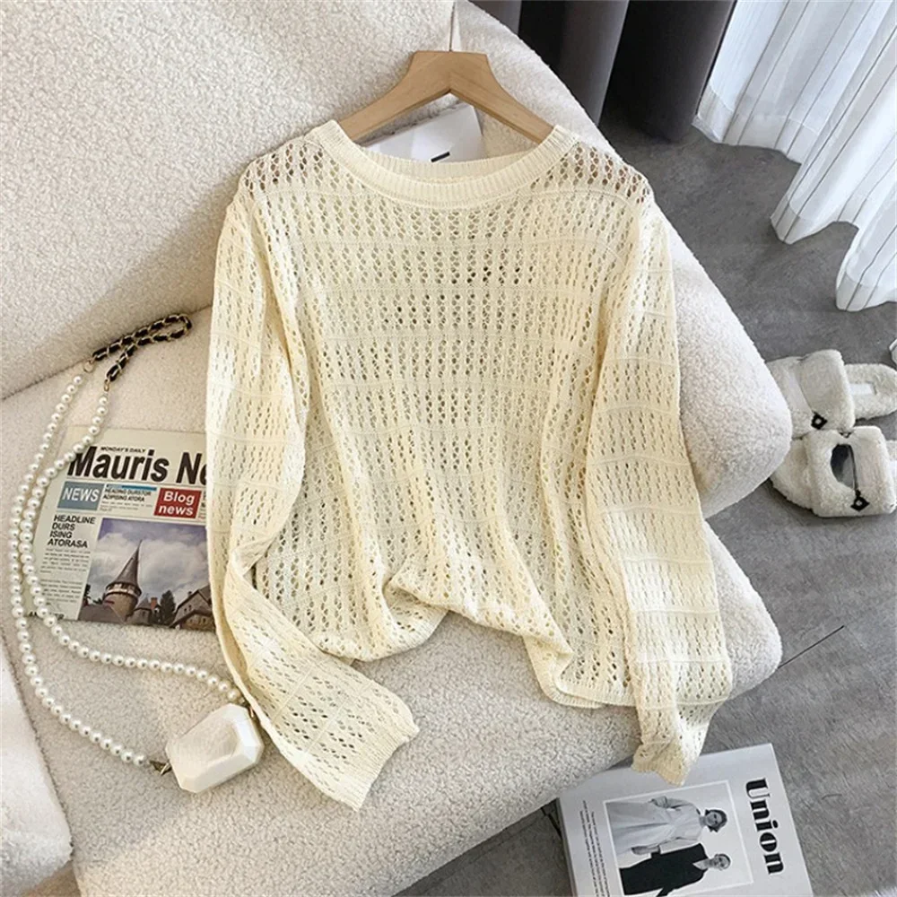 

Korean Fashion Sweaters Tops Women's Clothing Long Sleeve O-neck Sweater Casual Knitted Hollow Out Summer New Cropped Pullovers