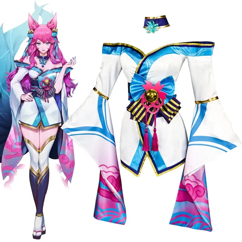 LOL Spirit Blossom Ahri Cosplay Kostüm Ahri Cosplay Spiel LOL Ahri Kostüm Frauen Kimono Hanfu Komplettes Set Chinesisches Kleid Zubehör