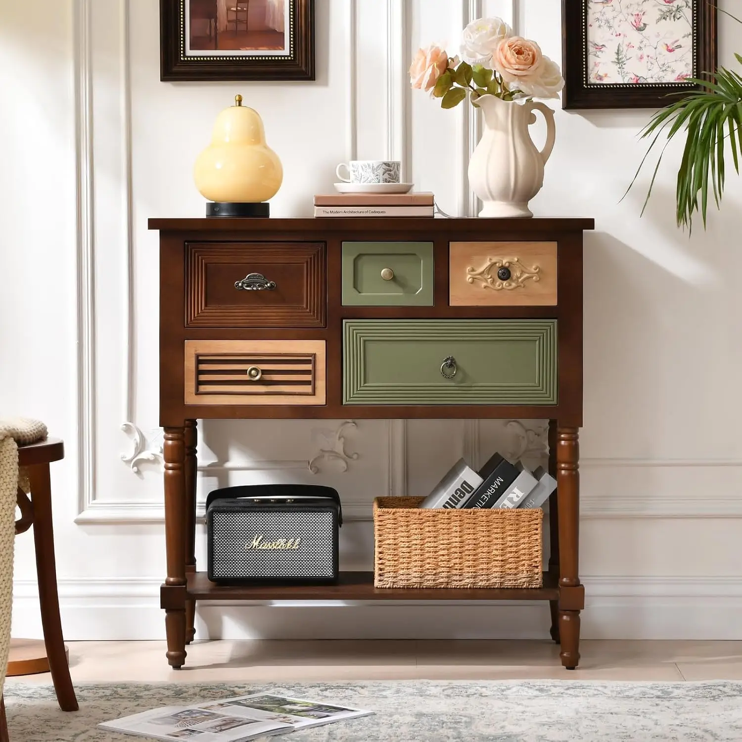 Vintage Cabinet 5 Drawers Open Shelf Multi-Tone Console Table Turned Legs Mid-Century Entryway Hallway Living Room, Customized