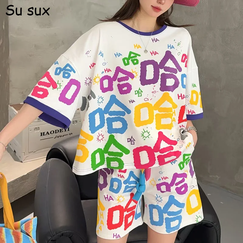 

2026 Summer Japanese Korean Fashion Oversized Short Pant Sets Woman Outfits Cotton Half Sleeve T Shirt 2 Piece Sets Bust140cm