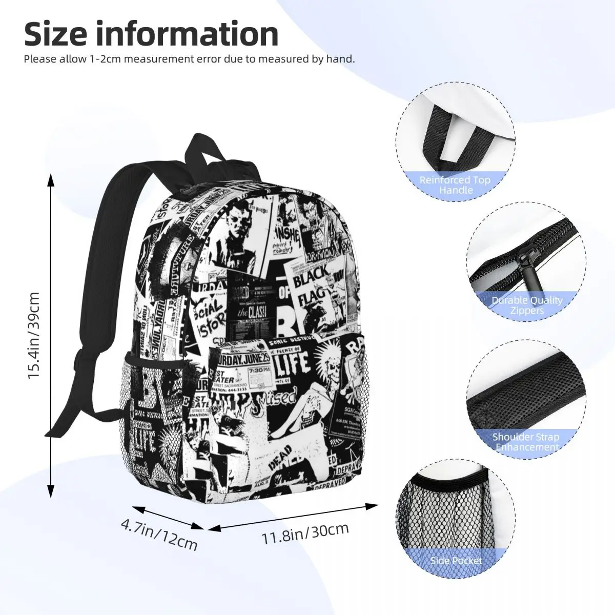 Punk Rock Music Concert Flyers Collage Backpacks Boys Girls Bookbag Cartoon Students School Bags Travel Rucksack Shoulder Bag