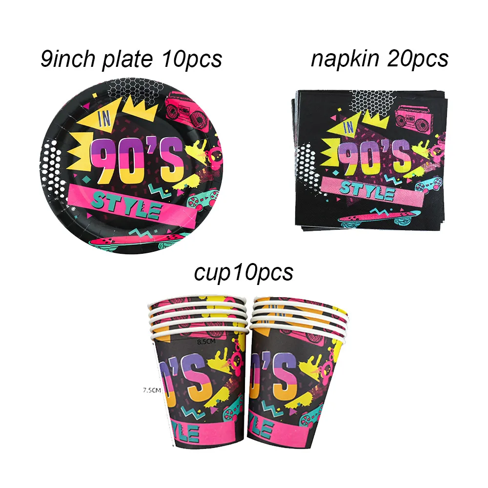 Back To The 90's Theme Retro Style 90's Disco Party Disposable Tableware Balloons Graffiti Neon Glow Banner Cake Topper Props