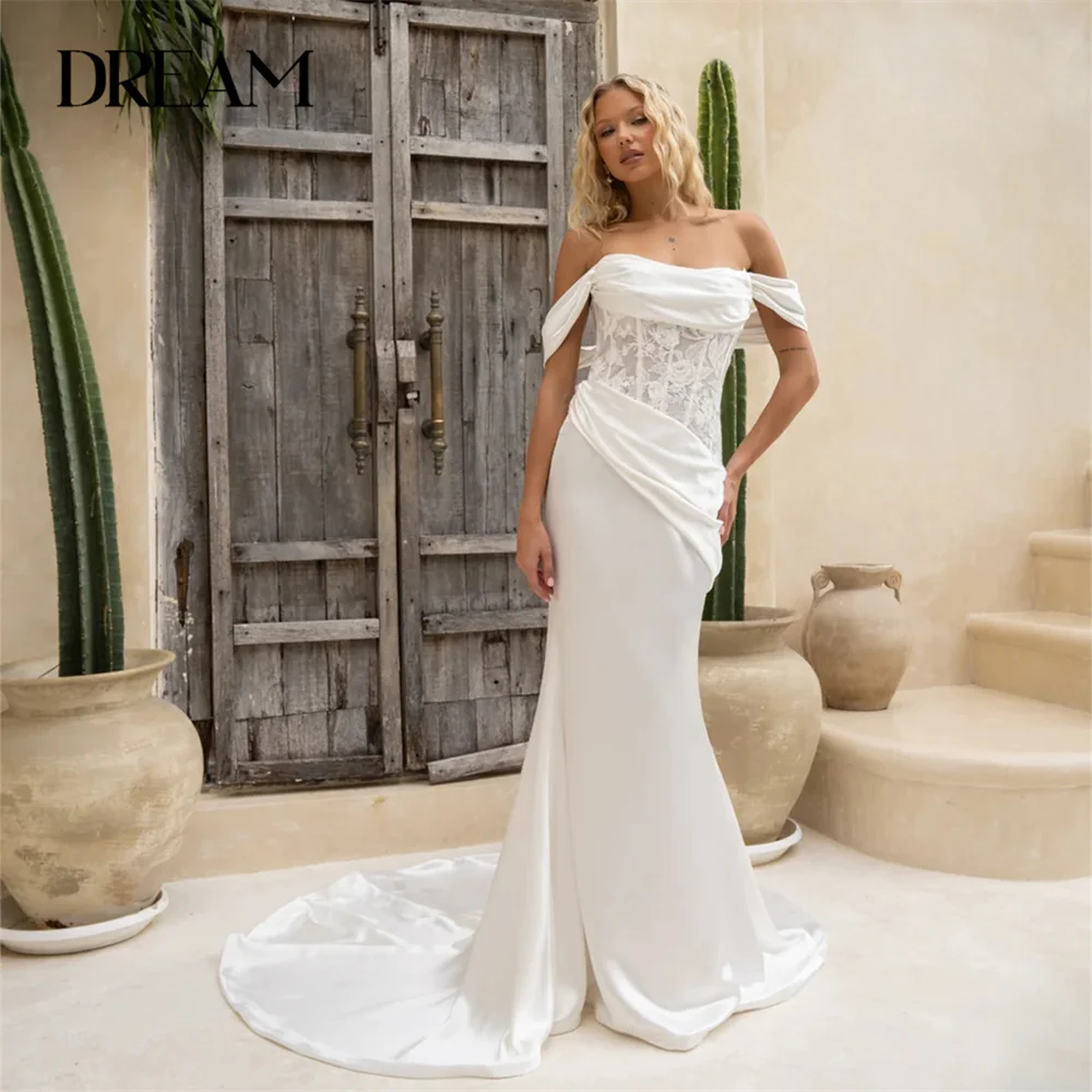 DREAM Lace Off The Shoulder Mermaid Wedding Dress Pleat Open Back Appliqued Boat-Neck Bridal Gown Vestido De Noiva Customized