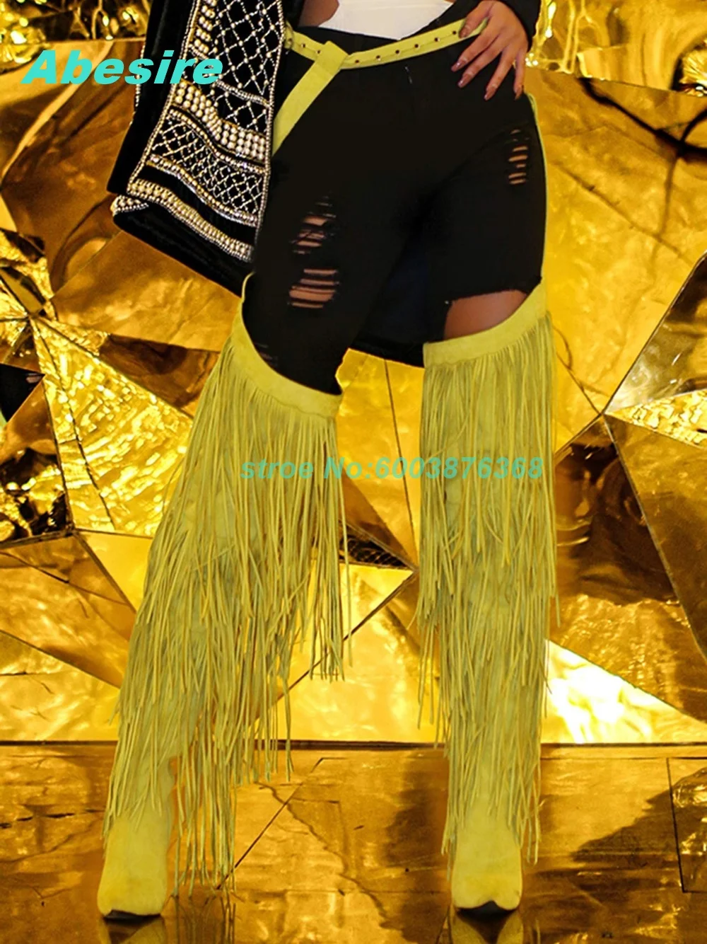 

Желтые сапоги выше колена с бахромой и пэчворком, с острым носком, на тонком каблуке, на молнии, для женщин, модная обувь для сцены в стиле Spicy Girls