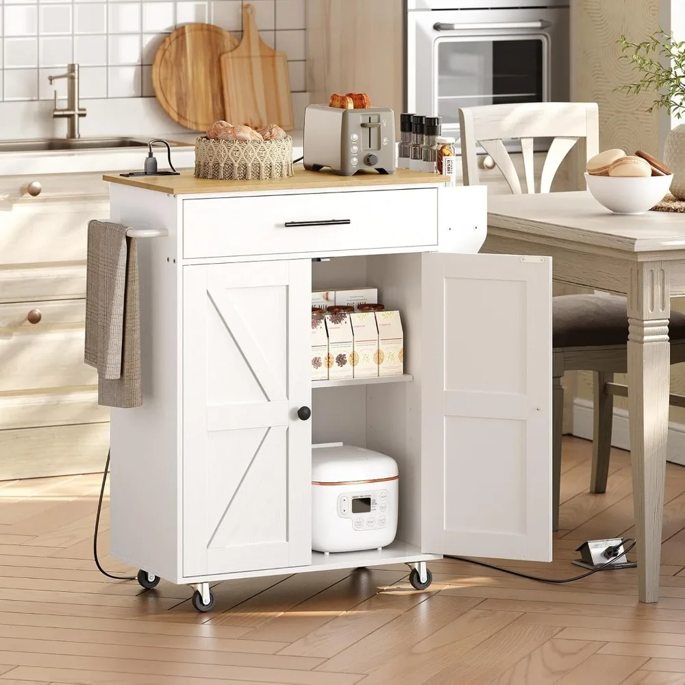 

Kitchen Island with Power Outlet,Kitchen Storage Island with Large Worktop,Spice Rack and Drawer, Rolling Kitchen Cart on Wheels