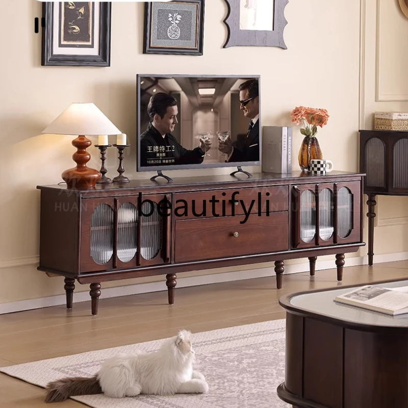 

French Retro Solid Wood TV Cabinet Living Room Storage Cabinet Integrated American Light Luxury Vintage Style