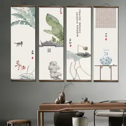 Chinese style green plant cat scroll painting poster printing living room home decoration painting wall art picture with frame