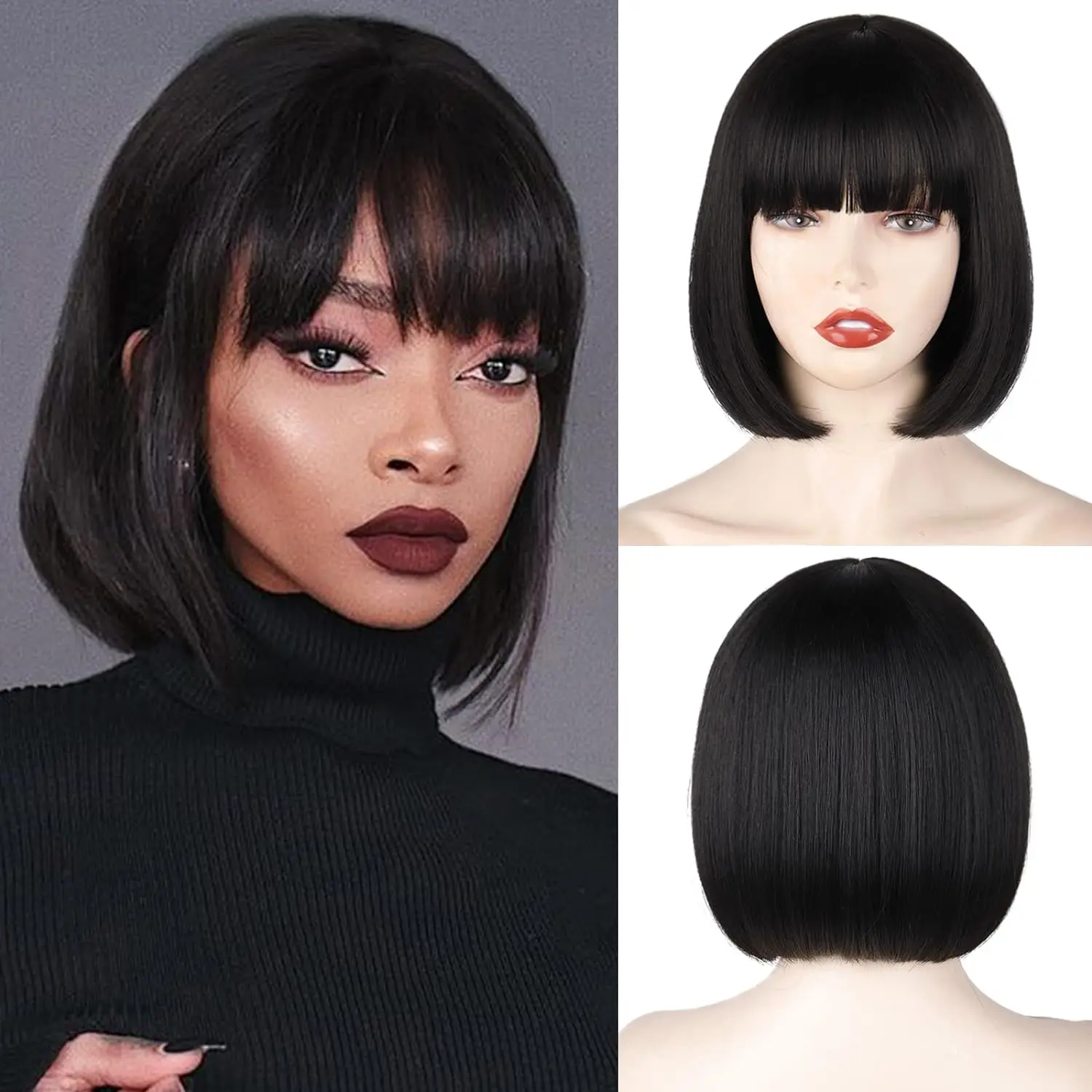 Short Brown Synthetic Bob Wig with Bangs, Heat Resistant Fiber Straight Bob Hairpiece for Women, Natural Look Anime Cosplay