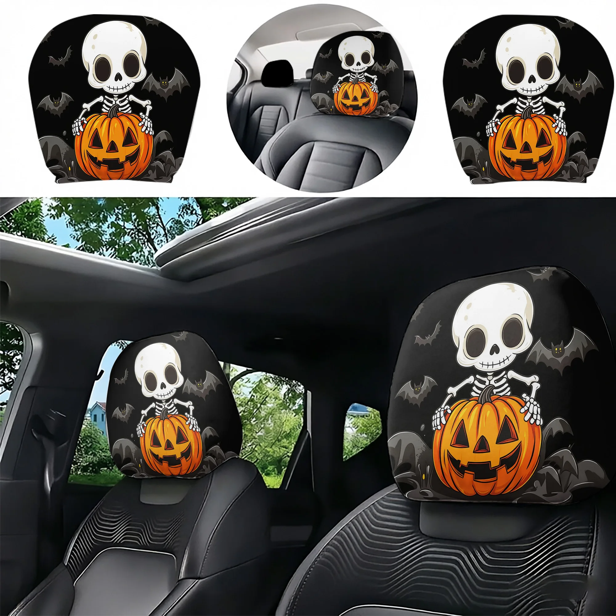 2pcs Halloween Skull and Pumpkin Car Headrest Covers—create a spooky atmosphere in your car’s interior. Not filled. Easy to inst