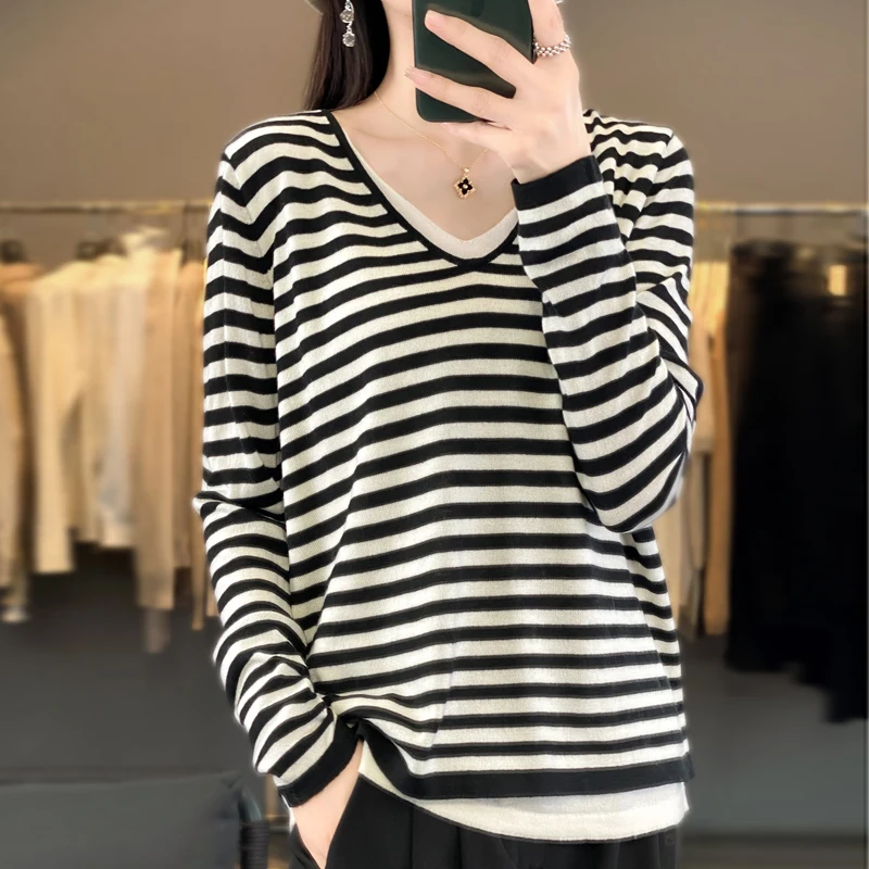 

Женский осенний тонкий шерстяной свитер свободного кроя с V-образным вырезом, имитация двухслойности, в полоску, с цветными блоками, вязаный, с длинными рукавами, базовый, для повседневной носки