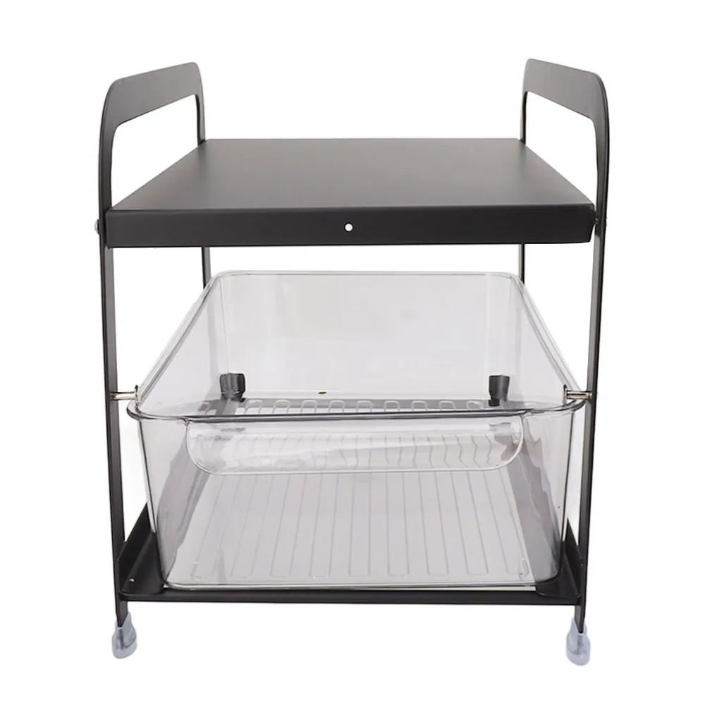 Carbon Steel Kitchen Sink Rack Anti Slip Foot PET Clear Drawer Pull Out Drawer Basket Two Layers Under Counter Organizer