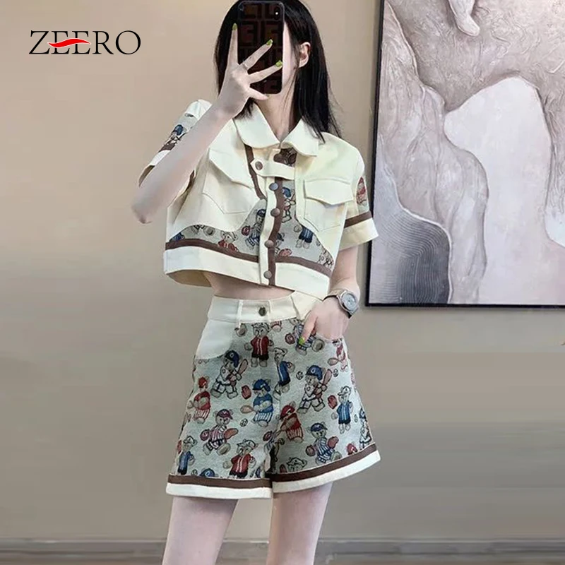 Japan Style Summer Women Retro Short Sleeve Bear Printed Patchwork Shirt Crop Tops + Short Pants Shorts Sets Suit 2 Pieces Sets