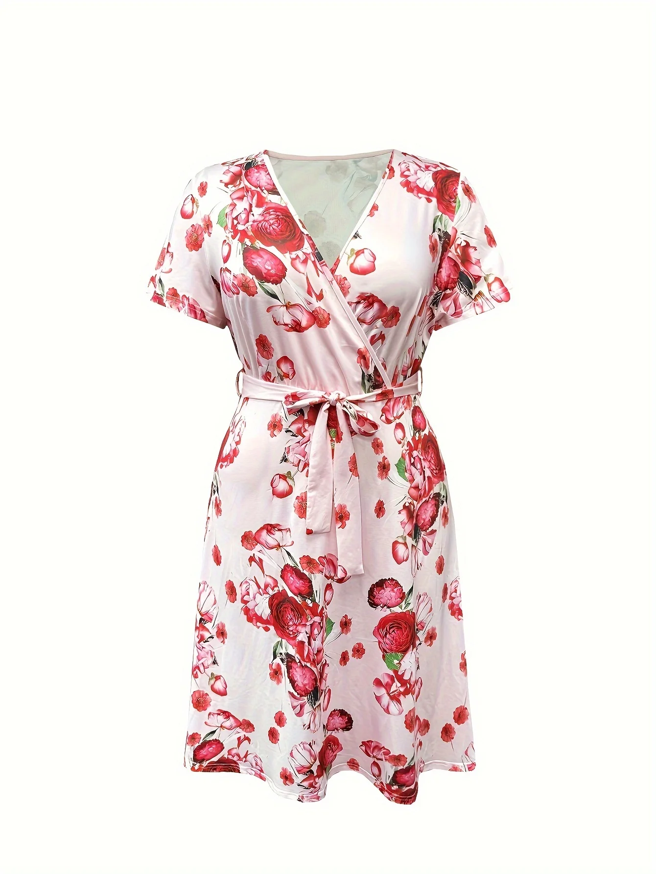 Plus Size V-neck Lace-up Dress High Stretch Slimming Fabric Beautiful Rose Print Elegant Gentle Lady Wear Spring Summer good