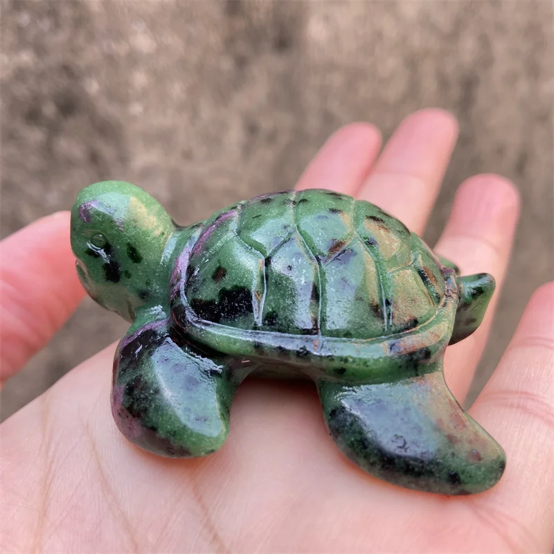 Natural Crystal Ruby Zoisite Carving Turtle Landscape Painting Picture Jasper Energy Turtles Mind Healing Spiritual Home Decor