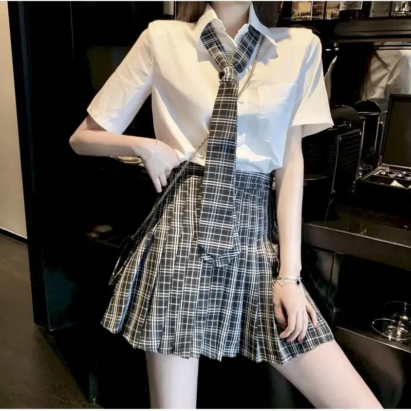 

Spring Summer Jk Uniform Skirt Genuine College Short Sleeve White Shirts Plaid Pleated Skirt Two Piece Set Women School Clothes