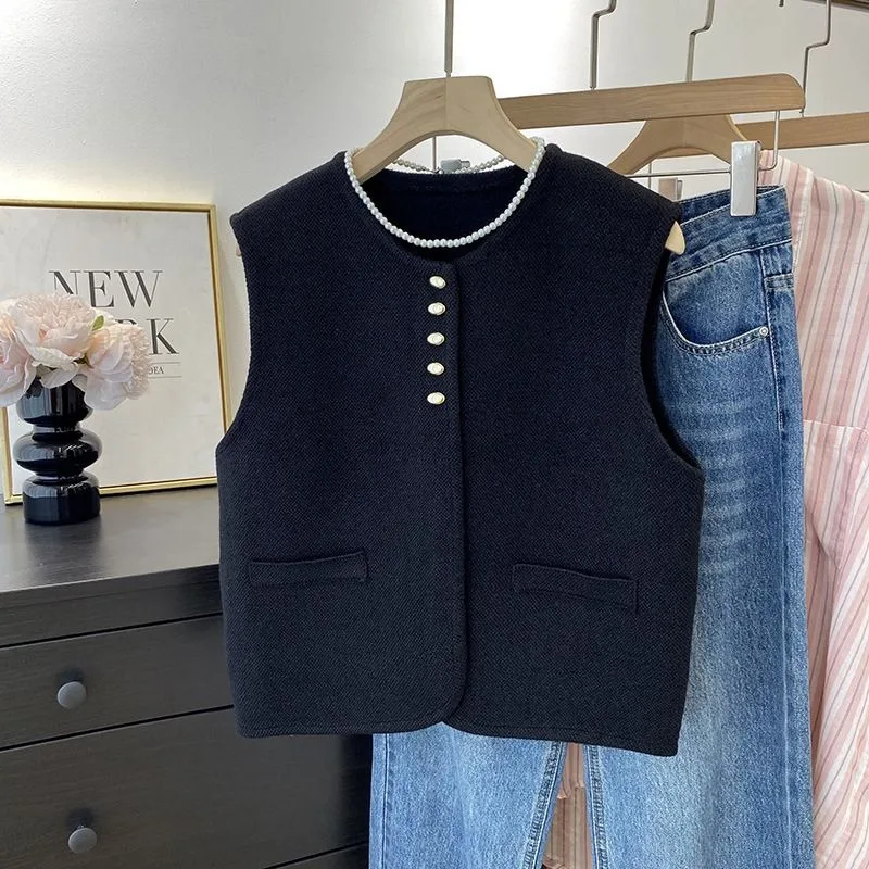 Knitted Vests Women Buttons Solid Loose Office Lady O-neck Sleeveless Coats Autumn Winter New Simple Leisure Korean Trendy Daily