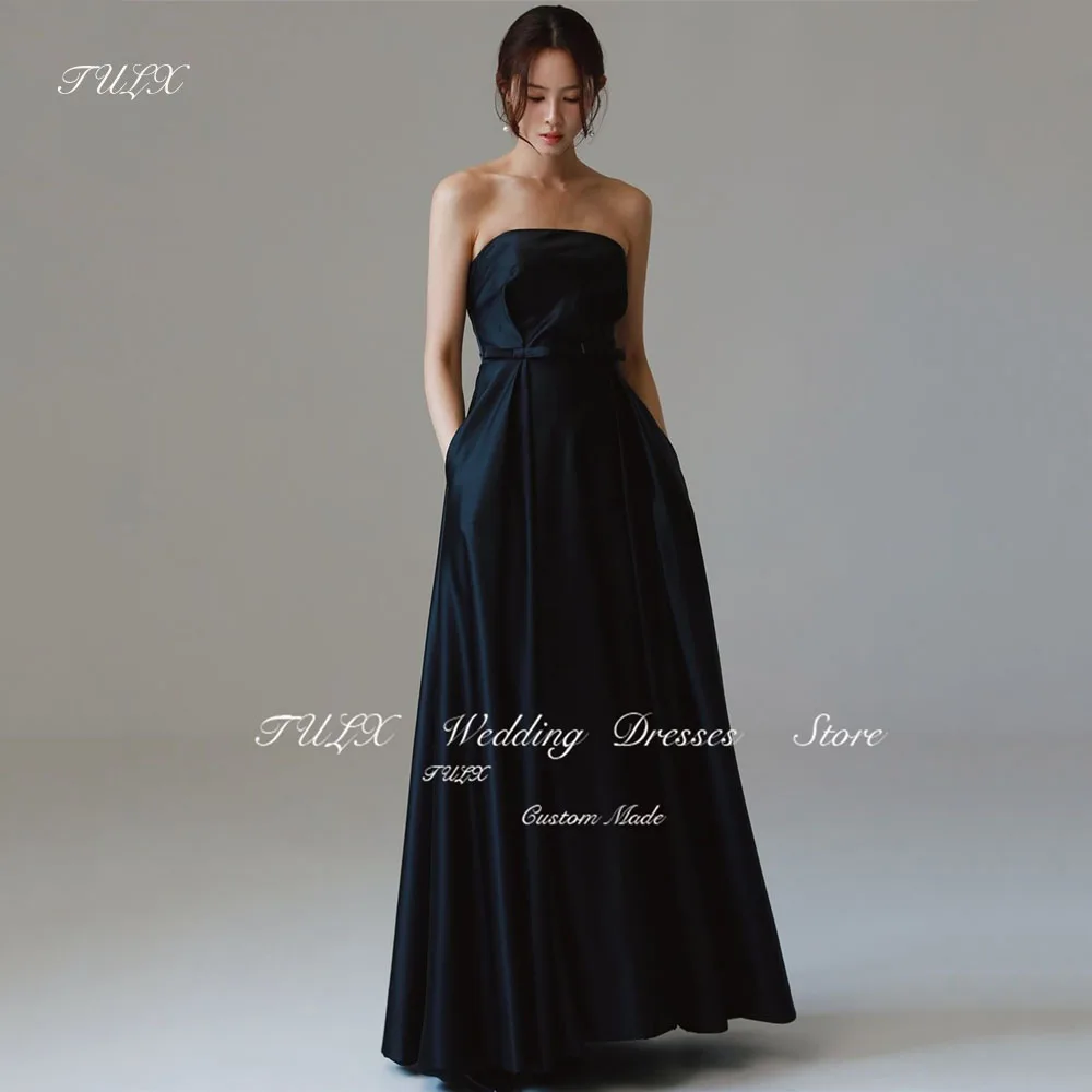 

TULX Simple Strapless Bow Korea Wedding Dress Photoshoot Black Quality Satin Floor-Length Bridal Gowns Corset 웨딩드레스 Custom Made