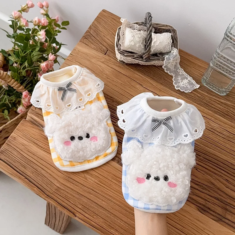 

Pet Clothes Lace Embroidered Dog Yellow Blue Grid with Plush Design Clothing Autumn and Winter Warm Puppy Clothes Home Clothing