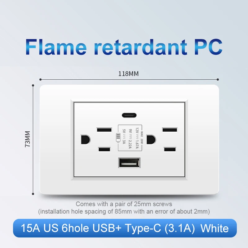 Elegan 118ซีรีส์กระจกนิรภัยช่องเสียบผนัง USB คู่มาตรฐานสหรัฐสมาร์ทโฮมอุปกรณ์ปลั๊กตัวแปลง Type-C 3.1A ชาร์จเร็ว