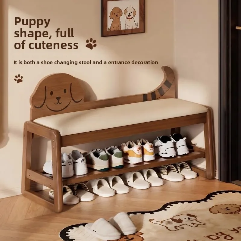 Light luxury pure solid wood shoe changing stool, shoe rack, doorstep shoe wearing stool, shoe rack, soft cushion sitting stool
