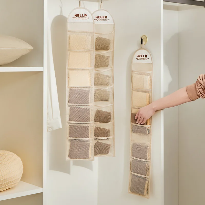 Space Saving Behind Door Hanging Bag Wall-mounted Multi-Pocket Underwear Storage Bag 7 Grid Mesh Hair Accessory Bag Bedroom