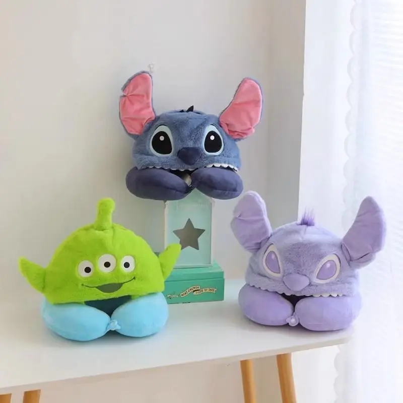 Stitch Alien animation peripheral creative funny three-dimensional plush hooded U-shaped pillow travel office nap neck pillow