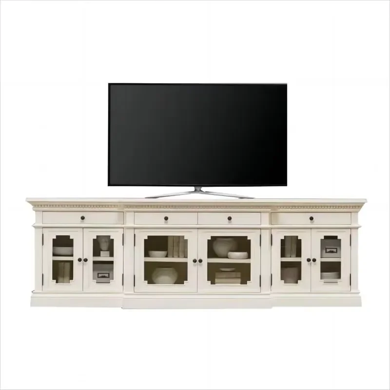 American French Vintage Wooden TV Cabinet Media Console TV Stand with Decorative Glass Doors for Living Room Bedroom