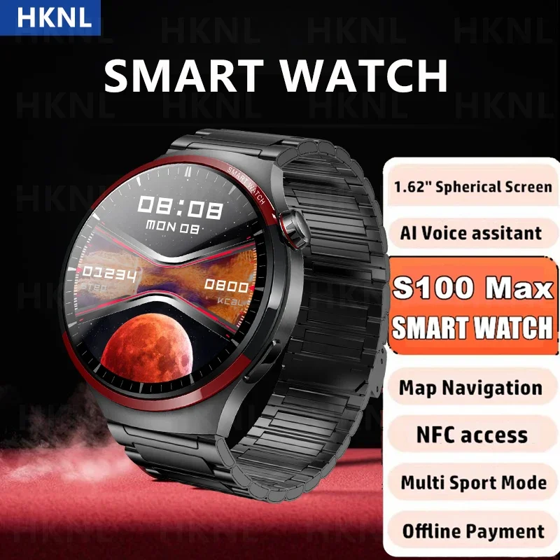 

New S100 Max Watch Pro Men 1.62 " Spherical Screen AI Voice Assistant BT Call Offline Payment NFC Women Sports Smartwatch 2024