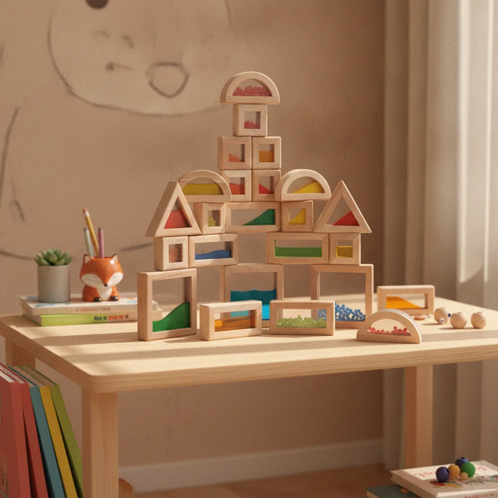 22 Pieces Wooden Sensory Blocks Natural Wood Geometric Stacking Blocks Geometric Block Set Translucent Colors Building Toy