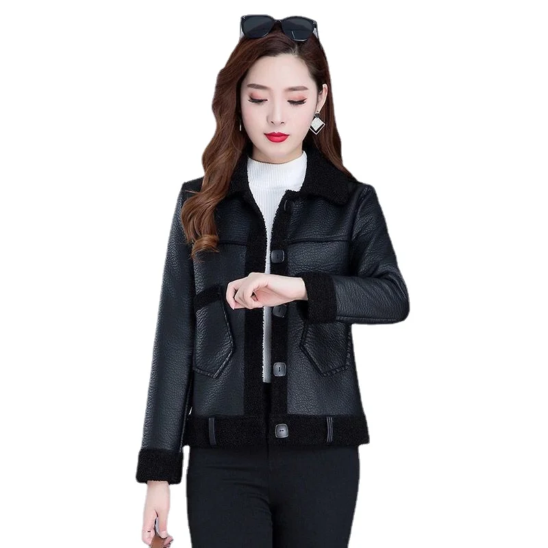 2023 Two-sided Fashion Lamb Wool Coat Women Streetwear Faux Fur leather Jacket Woman Autumn Winter Thick Warm Plush PU Coat traf