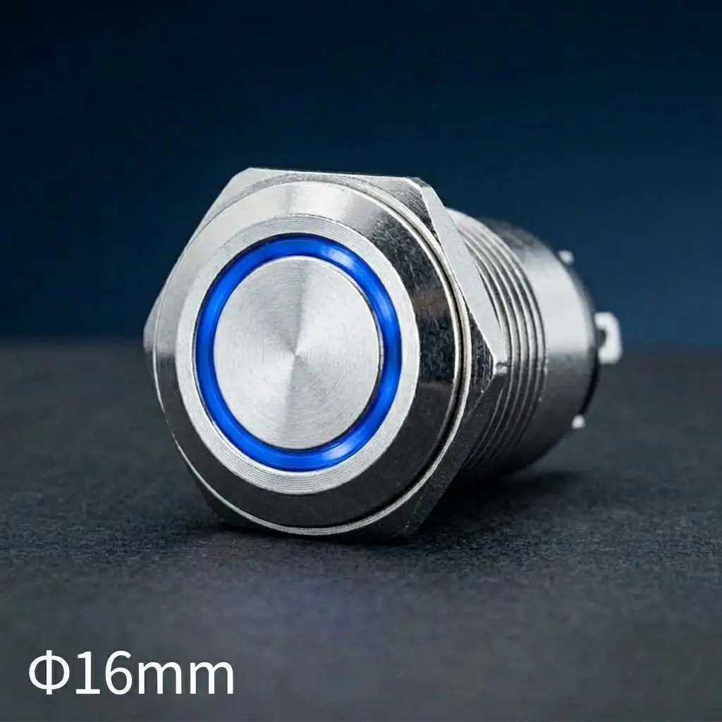 16mm Flat Head Stainless Steel Push Button Switch Short Body 1NO Momentary Illuminated LED Switch IP65 Waterproof