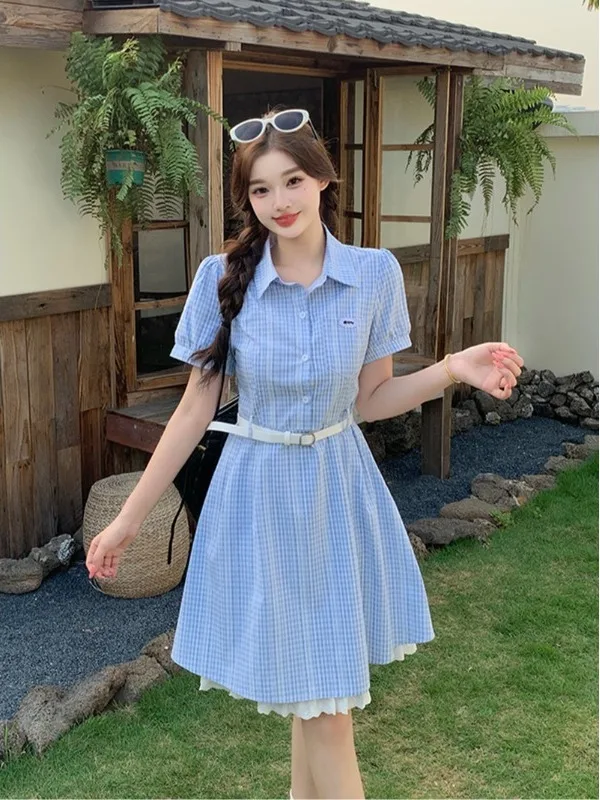 

plus Size Women's Summer Short Sleeve Lace Collar A-Line Dress High Waist Patchwork Korean Style Commute Wind Belted Midi Dress