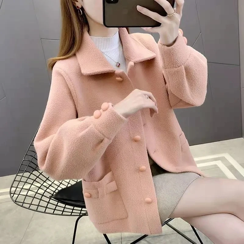 Fashion Short Woolen Coat Women Spring Autum Wool Coats Female Jacket Korean Loose Knit Cardigan Button Pocket Women Winter Top