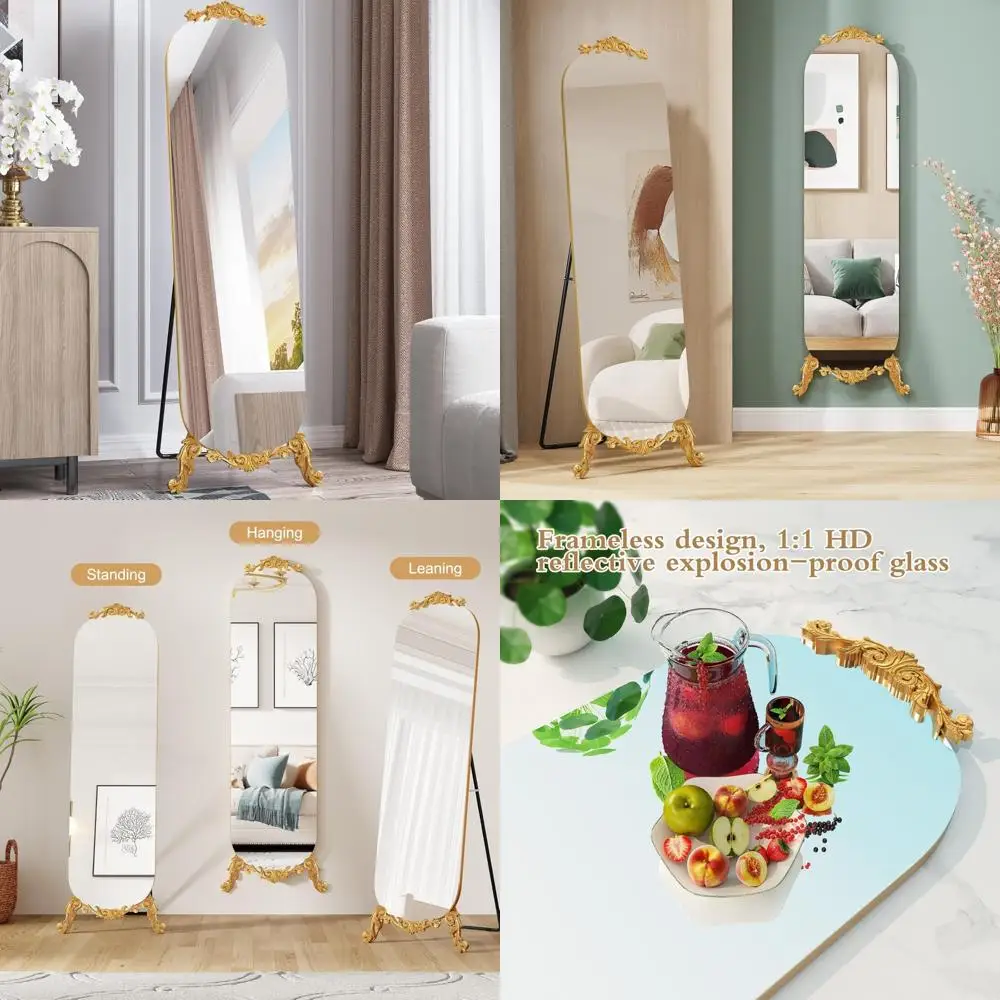 Elegante vintage gotische stijl gebogen vloerspiegel over de volledige lengte met standaard, 61,5 hoog x 20 breed, gouden afwerking, grote wanddecoratie