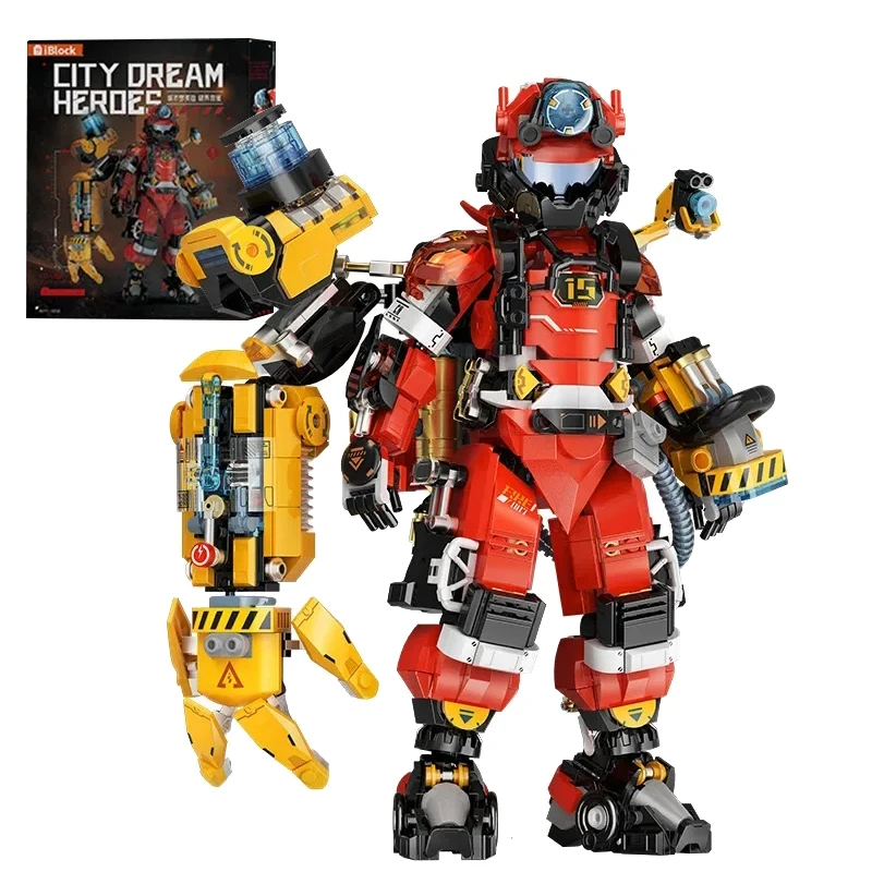 

MOC Mechanical Firefighter Building Blocks Set with Stand Base Exoskeleton Armor City Hero Fireman Figures Bricks Toys Kids Gift