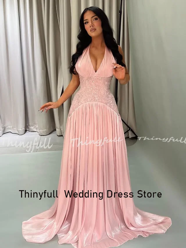 Thinyfull 2026 A-line Arab  Prom Dresses Halter Sleeveless Shiny Satin Evening Party Gown Dubai Dress robe de soirée Customized